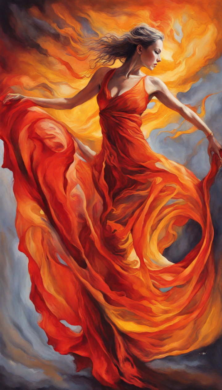 Elegant woman dancing in a vibrant flames dress