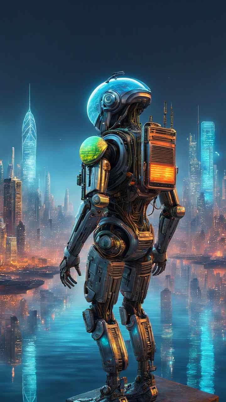 Cyberpunk robot with a jetpack HD Wallpaper