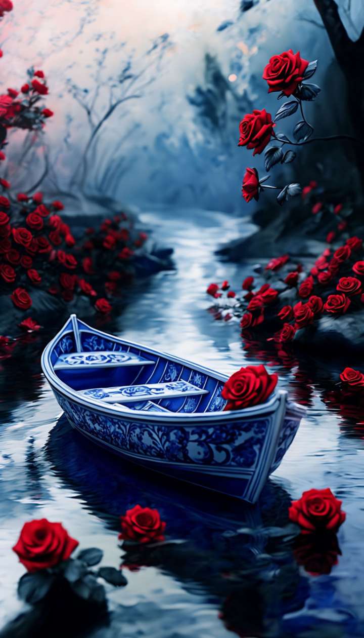 Mysterious landscapes wallpaper - Boat in a calm river covered in red roses