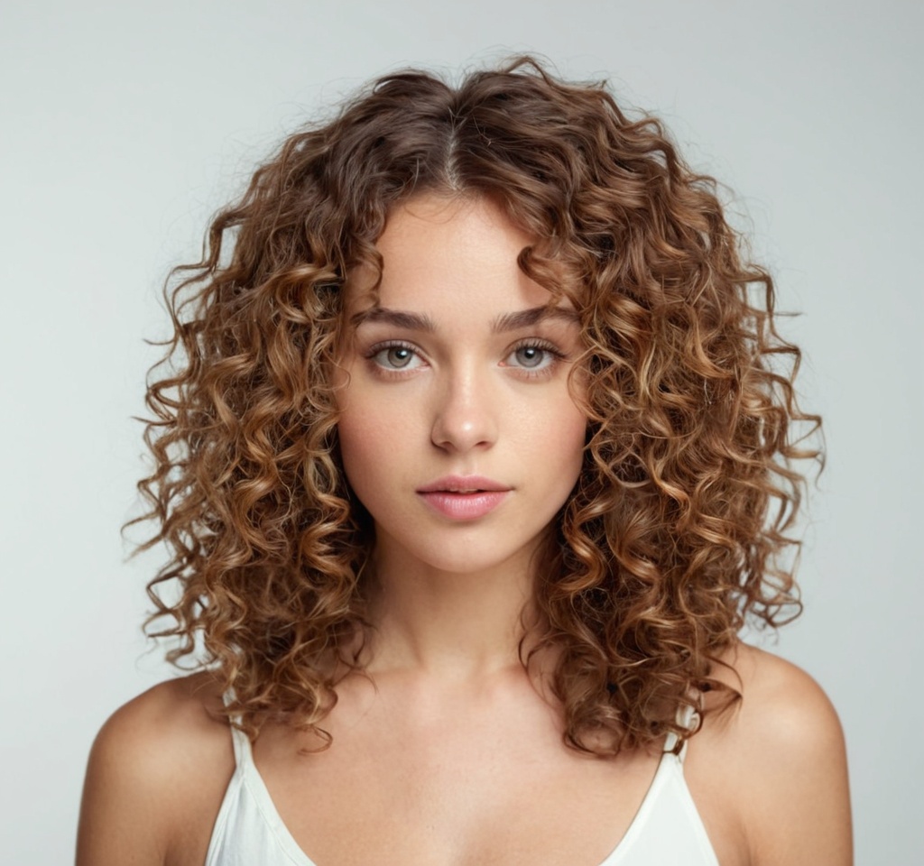 Smiling young woman in formal wear with curly hair and looking at camera