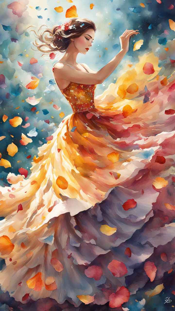 Watercolor illustration of a woman, with dress composed of various flower petals