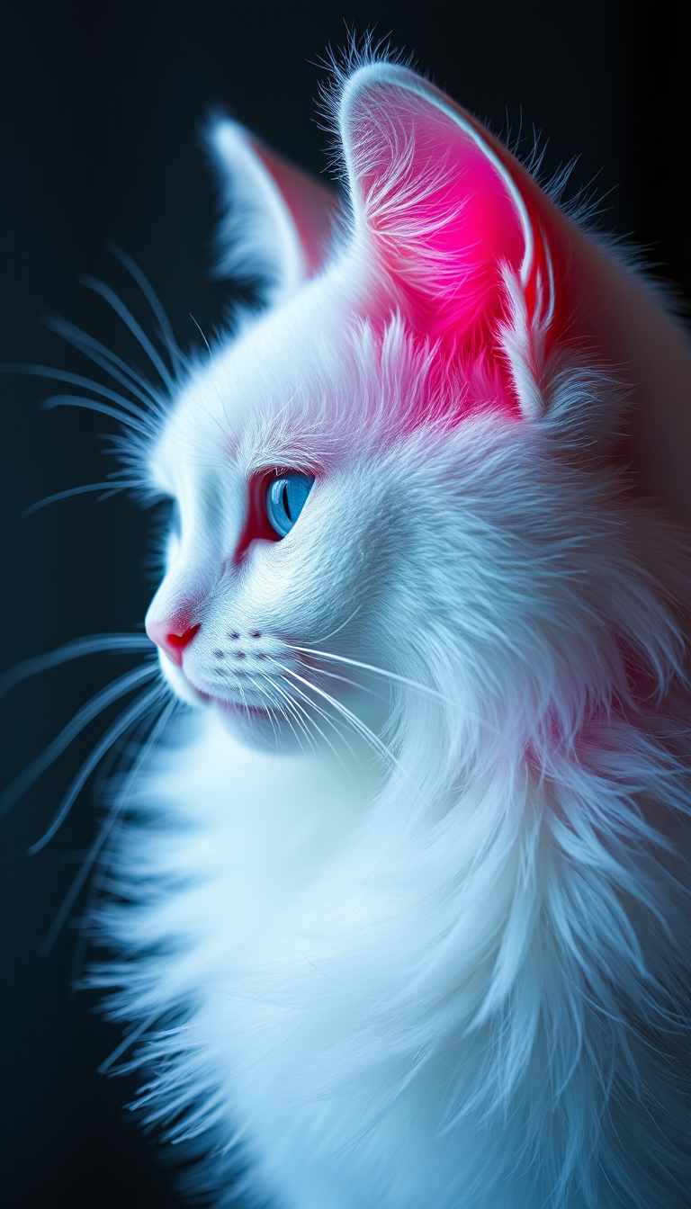 Close-up of White Cat with Blue Eyes in Artistic Lighting