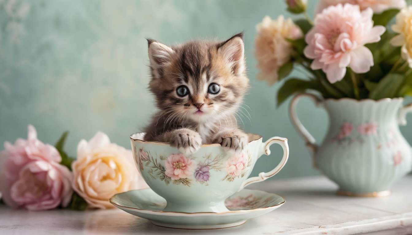 Cute kitten in teacup HD wallpaper