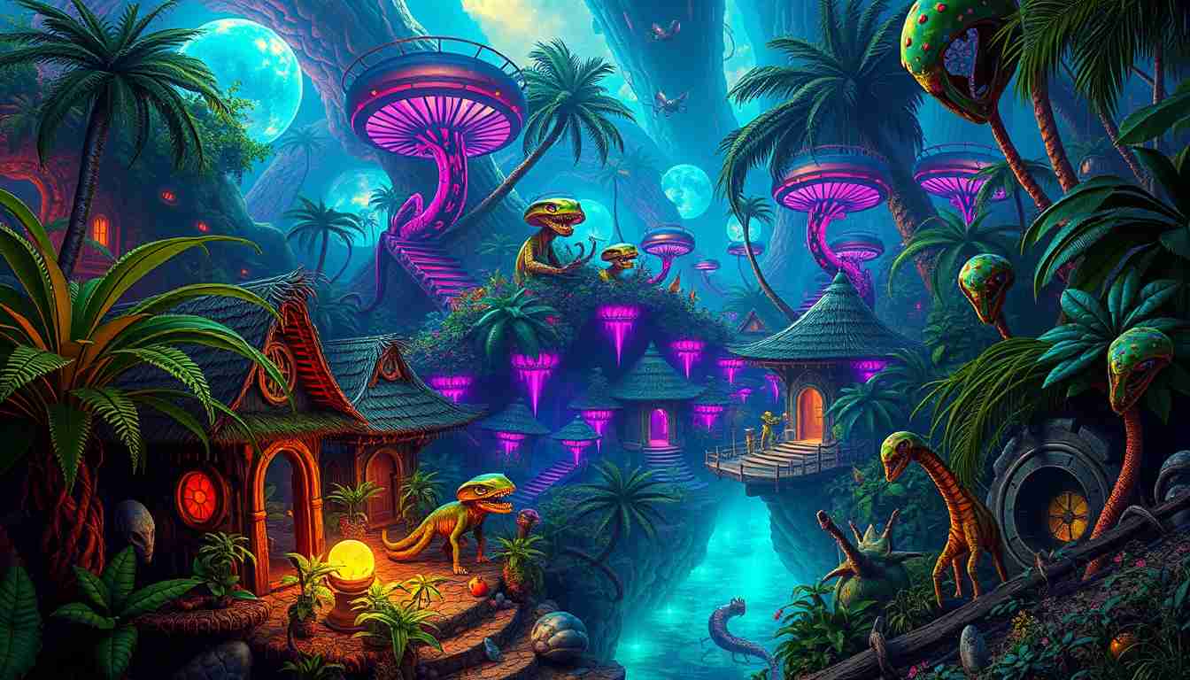 Futuristic Alien Jungle Village with Glowing Plants and Creatures