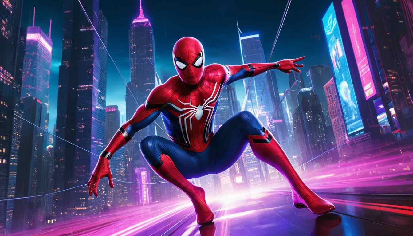 Dynamic Spider Hero Wallpaper in Vibrant Neon Cityscape