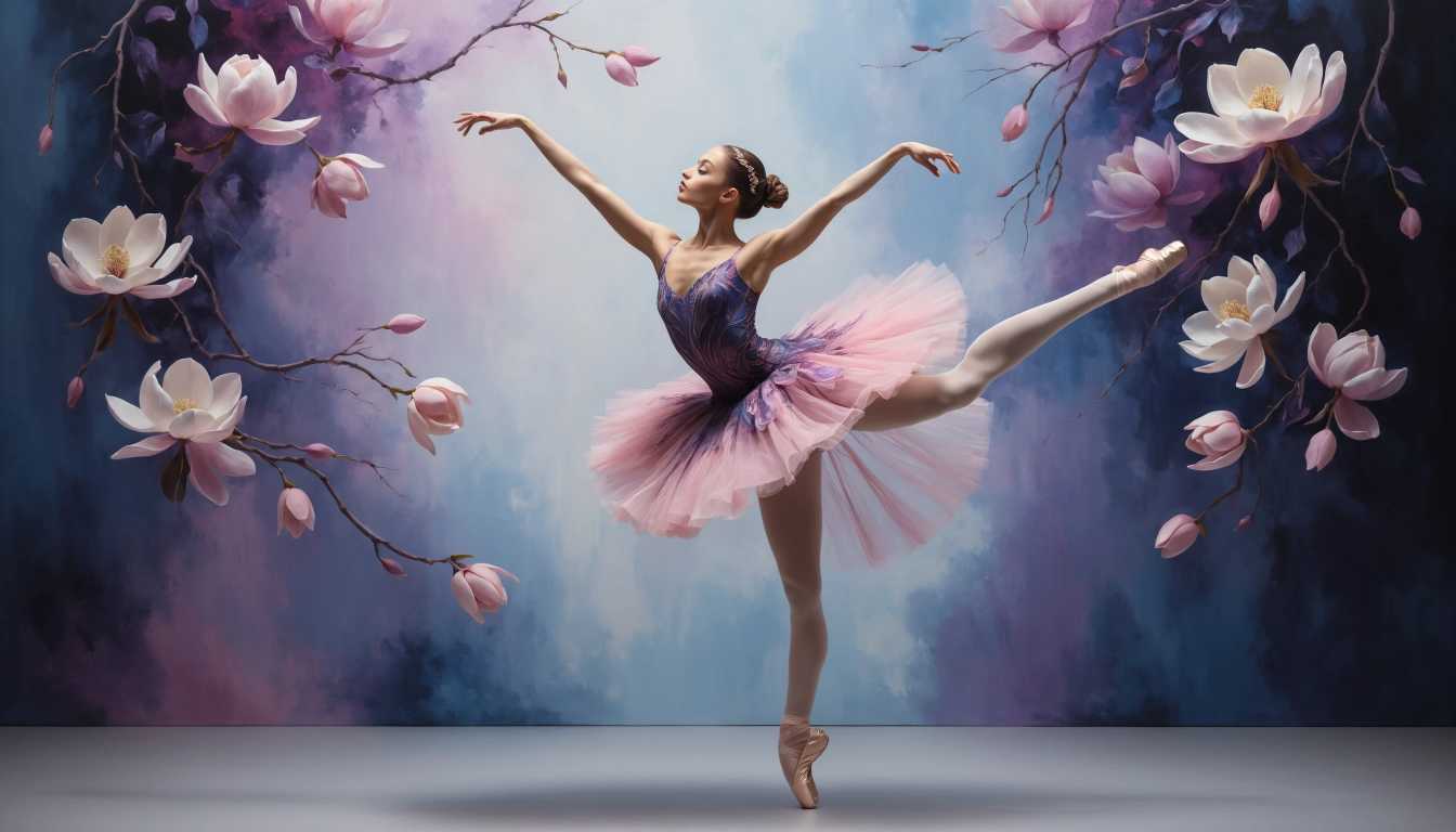 Elegant Ballerina in Floral Wonderland - Stunning Ballet Art Wallpaper