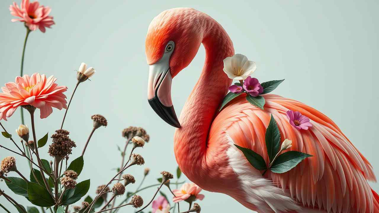 Elegant Flamingo with Floral Accents: Stunning Nature Wallpaper