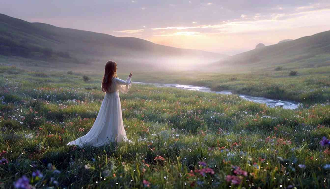 Serene Sunrise Over a Misty Meadow with a Woman in a Flowing White Dress