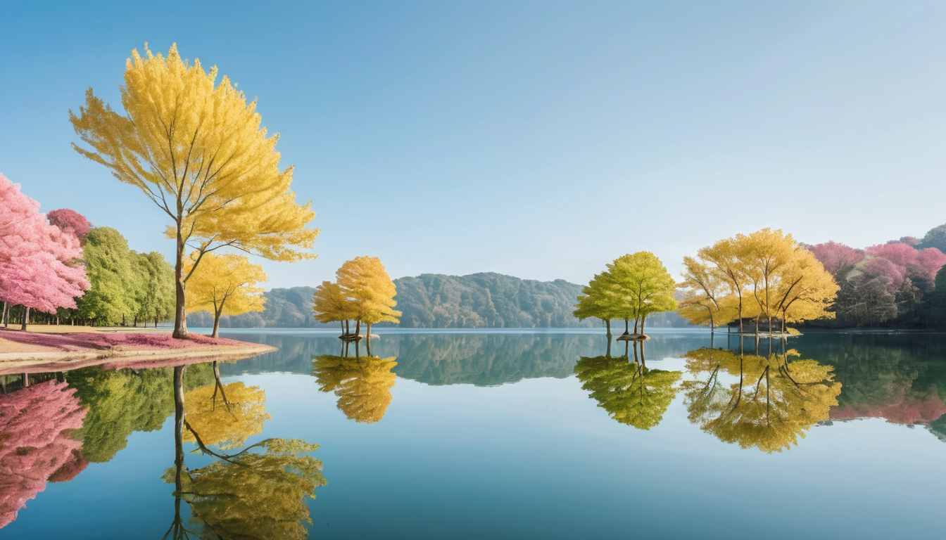 Tranquil Lake with Vibrant Autumn Trees Reflected in Clear Water