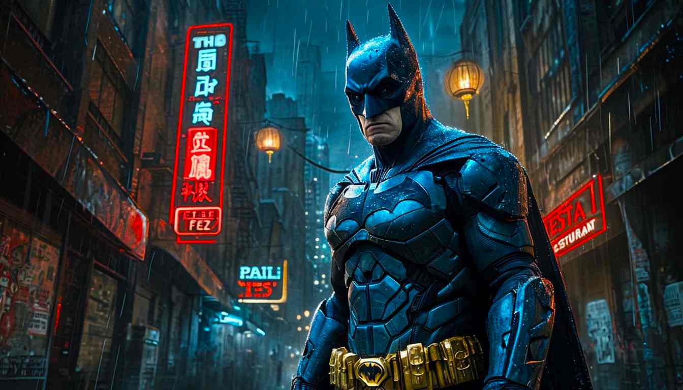 Batman in a Rainy Urban Alley Wallpaper: Dark Knight's Iconic Pose