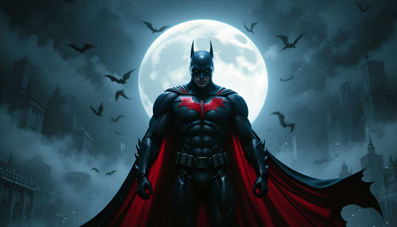 Dark Knight Red Emblem Wallpaper: Batman in Moonlit Gotham