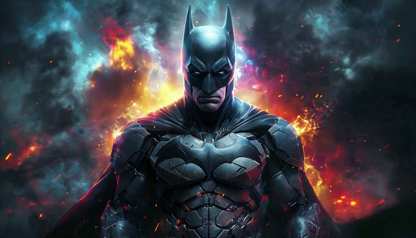 Epic Batman Wallpaper: Futuristic Armor and Fiery Neon Background in 4K