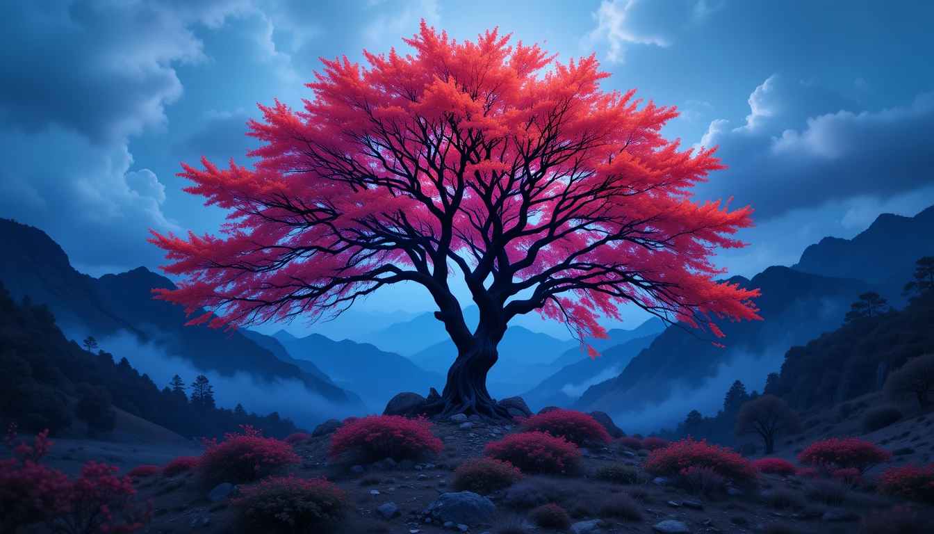 Enchanting Twilight: The Beauty of a Vibrant Red Tree in a Mystical Mountain Landscape