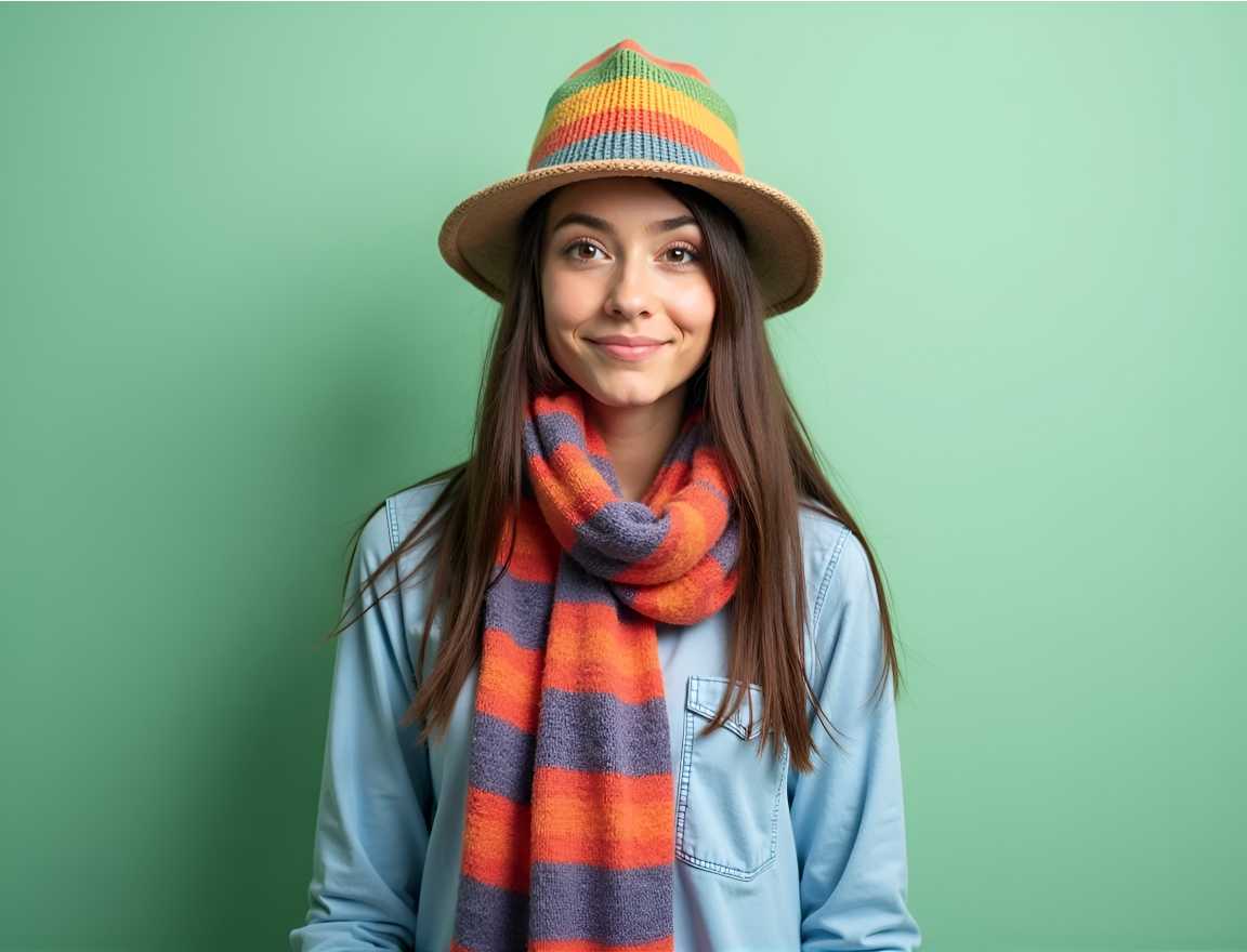 Smiling Young Woman in Striped Hat and Scarf on Pastel Background