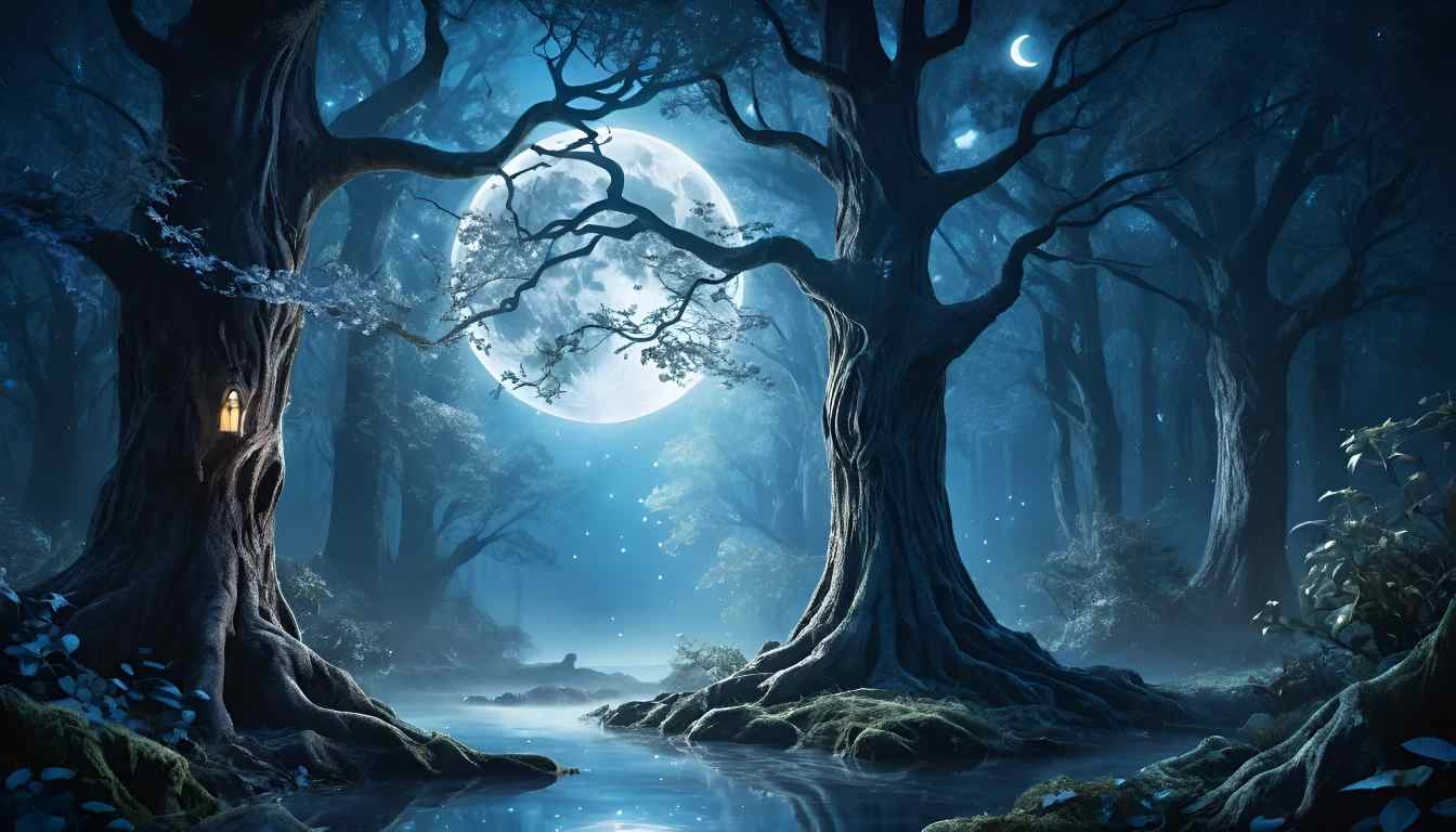 Mystical Forest Under Moonlight – Fantasy Dark Night Wallpaper
